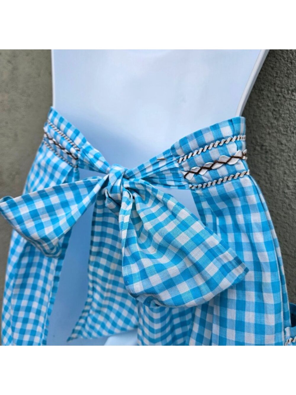 Vintage Handmade Turquoise Gingham Half Apron Hand Embroidery Rickrack Cotton - Picture 9 of 16